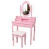 Pink Princess Wooden Vanity Desk Set, Makeup Table with Mirror, Cushioned Stool & 4 Drawers for Girls' Bedroom