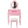 Pink Princess Wooden Vanity Desk Set, Makeup Table with Mirror, Cushioned Stool & 4 Drawers for Girls' Bedroom